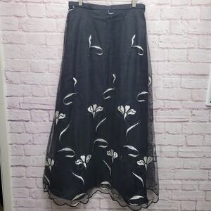 VTG Chetta B Black Floral Mesh Maxi Skirt Sz 12 A-Line Whimsigoth Dark Fairy